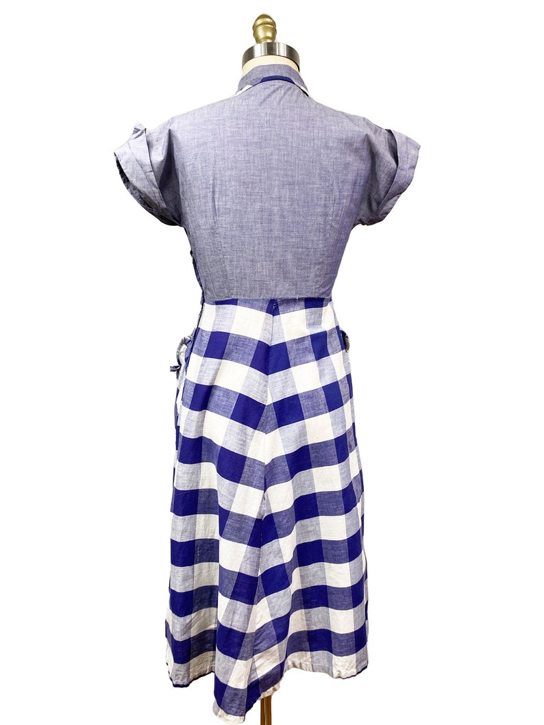 Vintage 1940s Navy Blue Window Pane Dress Detailed Bow Pocket Waist: 27 image 5