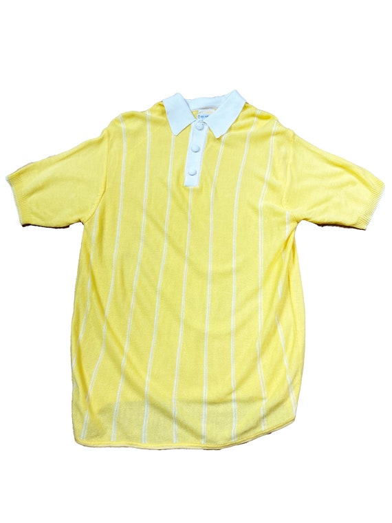 Vintage 1970s Yellow Knit Striped Polo - Short Sl… - image 2