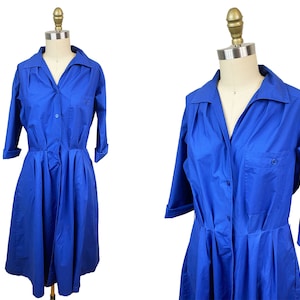 Vintage VOLUP 1980s does 1950s Blue Shirt Dress- Button Up with Pockets Summer Cotton Day Waist-33&quot;
