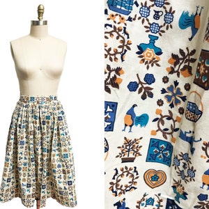 Vintage 1950&#39;s Novelty  Print Full Skirt- Fall Brown Pattern Folk German Waist-23.25&quot;