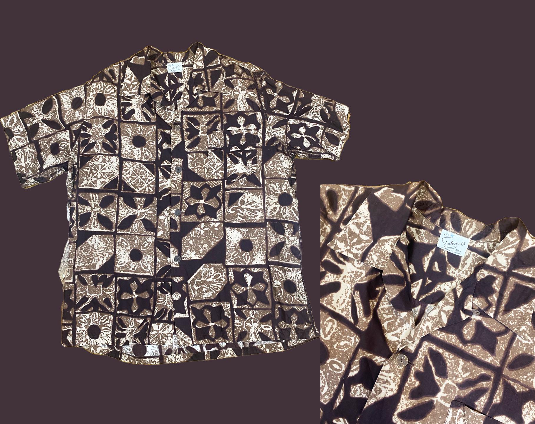 RARE Vintage 1950s Alfred Shaheen Tapa Brown Aloha Shirt RARE Vintage 1950s Alfred Shaheen Tapa Brown Aloha Shirt