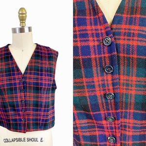 Chaleco a cuadros vintage de los años 70: rojo, azul marino, verde, corto, de lana, talla mediana.