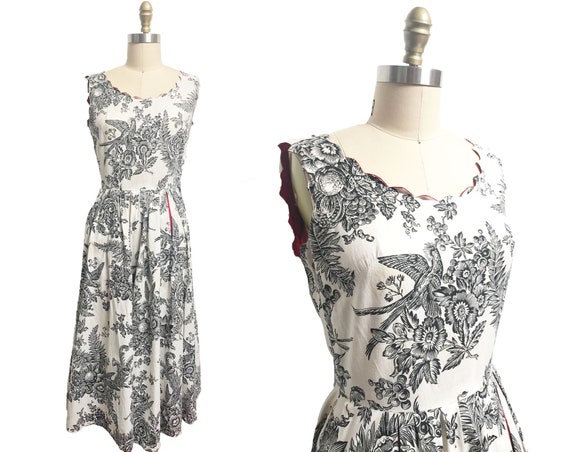 Vintage 1950's Toile Dress - Black White Red Nove… - image 1