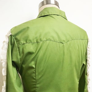 Vintage 1960s H Bar C Western Shirt Green Ruffle Cowboy Button Down Blouse small to medium image 7