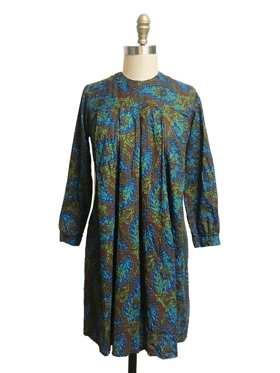 Vintage 1960s Brown Green Blue Paisley Pattern Dr… - image 2