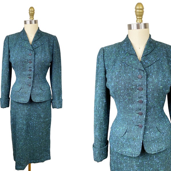 Vintage usado en el maravilloso traje de la señora Maisel de los años 50 y 40 - Azul Verde Cintura de dos piezas: 27" - 28"