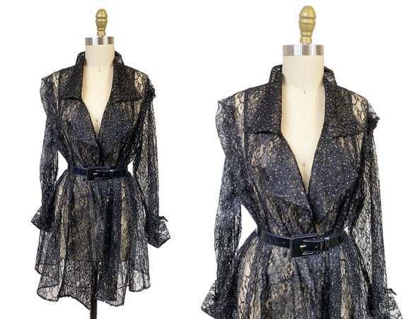 Vintage 1980s Black Lace Blazer - Gold Glitter Po… - image 1