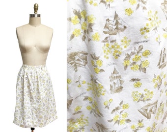 Vintage 1960's Skirt- Novelty Print Sailboat  Nautical Sailer Yellow White Flowers Waist-28"