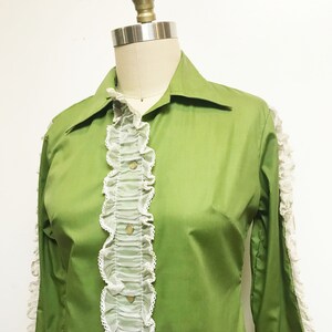 Vintage 1960s H Bar C Western Shirt Green Ruffle Cowboy Button Down Blouse small to medium image 3