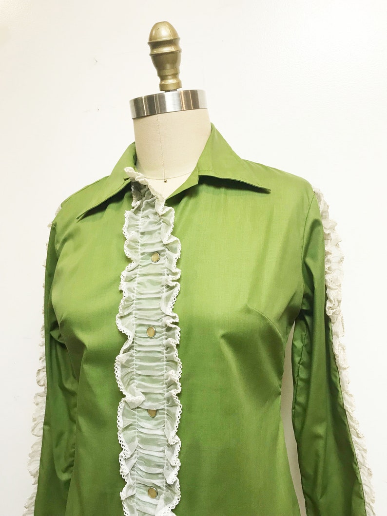 Vintage 1960s H Bar C Western Shirt Green Ruffle Cowboy Button Down Blouse small to medium image 3