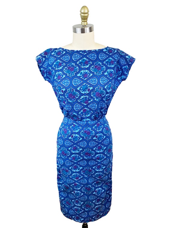 Vintage 1960s Blue Purple Floral Dress - Wallpape… - image 2