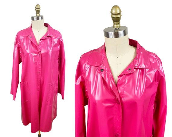 Vintage 1980s Pink Raincoat Aqua Sheen Large Pockets Vinyl Long Size M XL Etsy