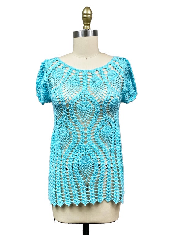 Vintage 1970s Blue Crochet Knit Top; Peacock Eyes… - image 2