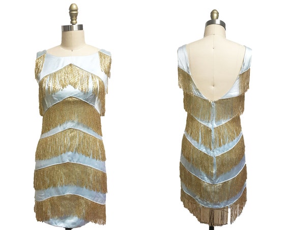 Vintage 1920s 1960s Inspired Fringe Dress - Blue … - image 1