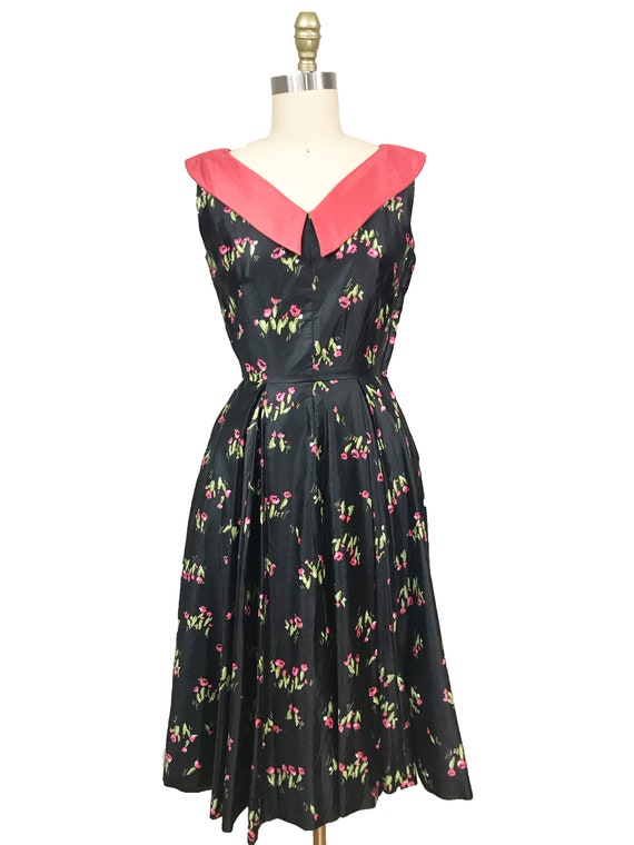 Vintage 1950s Cactus Black Dress - Pink Collar Fu… - image 2