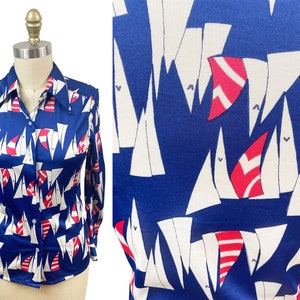 Vintage 1970s  I.Magnin Sailboat Blouse  - Navy Blue White Red Novelty Print Long Sleeve Button Up Size: Small