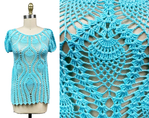 Vintage 1970s Blue Crochet Knit Top; Peacock Eyes… - image 1