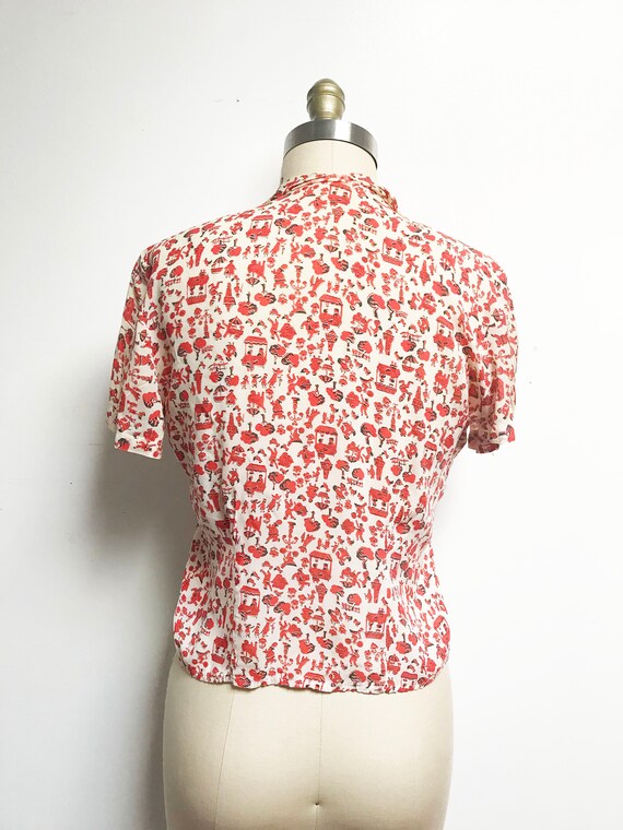 Vintage 1950's Blouse - Red White Sheer Novelty P… - image 4