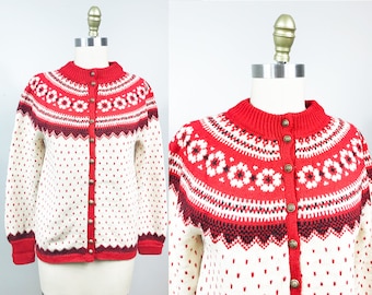 Vintage 1950s  Fair Isle Red White Sweater - Nordic Bavarian Silver Buttons Cardigan Size Medium