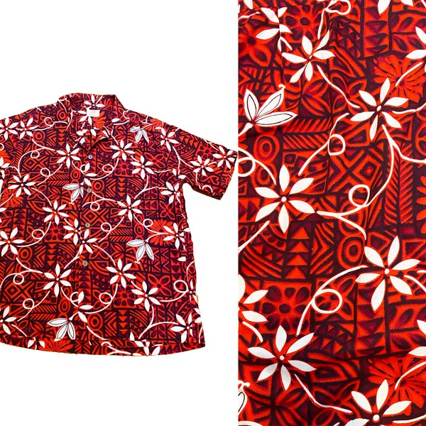 Vintage Rare Elvis 1950s Hawaiian Shirt - Red White Print  Tiki Button Up Short Sleeve Size: Large