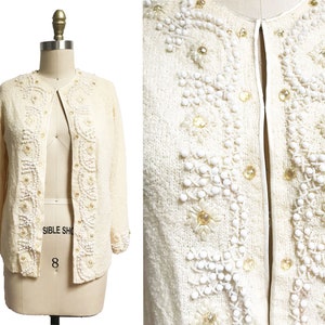 Vintage 1950s Ivory Cardigan- Knit Fuzzy Cozy With White Beading Down Front Sweater Large Bust:38&quot;