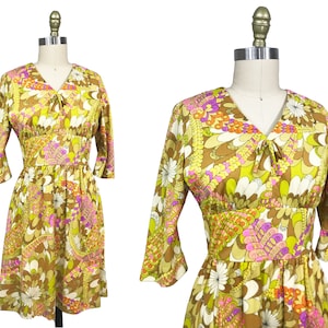 Vintage 1960s Yellow Gold Paisley Psychedelic Dress - Long Sleeve Pattern Hippie Spring Dress Waist:29&quot;