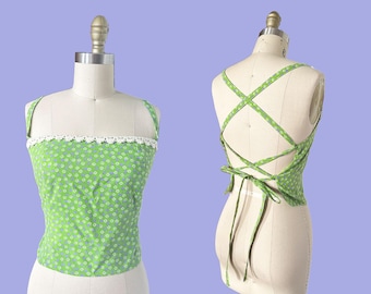 Handmade Upcycled 1960s  1970s Green Blue Floral Mod Halter Top - Tie Small & Medium