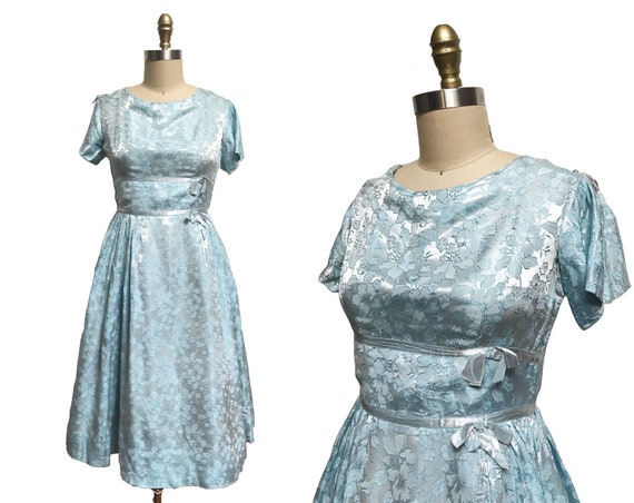Vintage 1950s Ice Blue Floral Dress - Cocktail Full Skirt Bow Detail Satin Waist: 25"