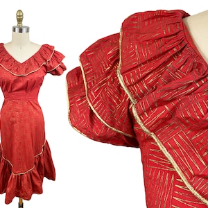 Vintage 1950s Midcentury Dress - Red Gold Pattern Ruffle Tiki Hawaiian Midi Waist: 25&quot;