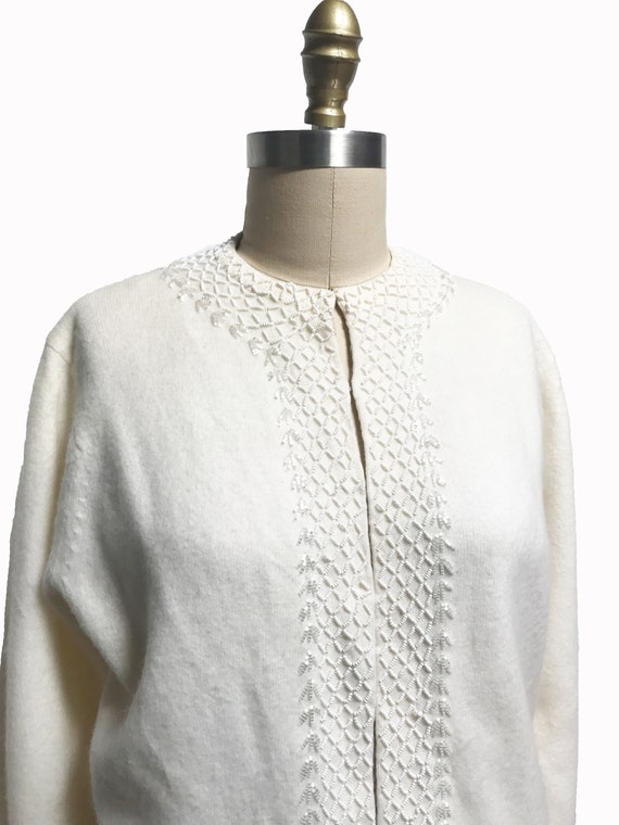 Vintage 1950s 1960s White Cardigan - Beaded Angor… - image 3