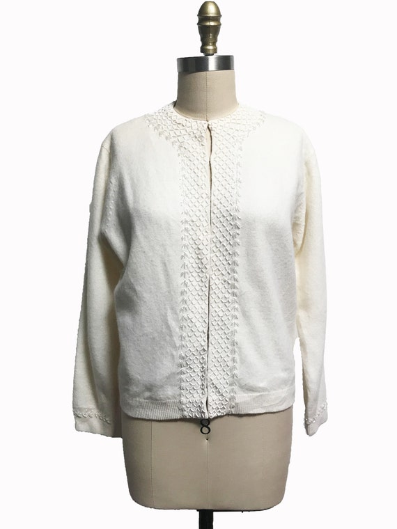 Vintage 1950s 1960s White Cardigan - Beaded Angor… - image 2