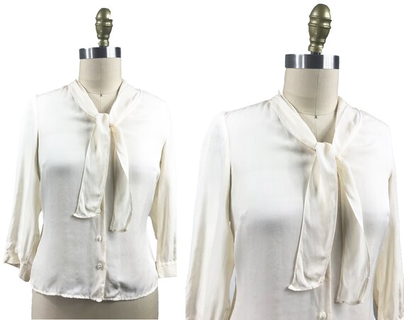Vintage 1960s White Silk Blouse - Pussy Tie Bow 3… - image 1