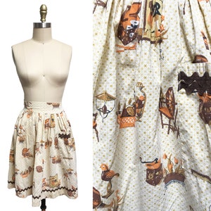 Vintage 1950s Novelty Print Skirt - Sewing Folk  Fall Colors Full Waist-23&quot;