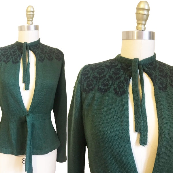 Vintage Rare 1940s Forest Green Sweater -Fair Isle Nordic Bavarian Tie Bow Front Cardigan Size Small