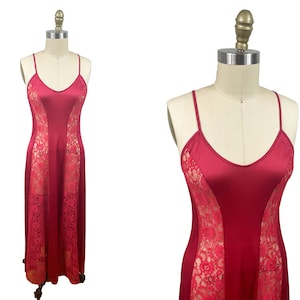 Vintage 1980s Red Lace Slip - Long Maxi Lingerie Sheer See Though Size: Medium