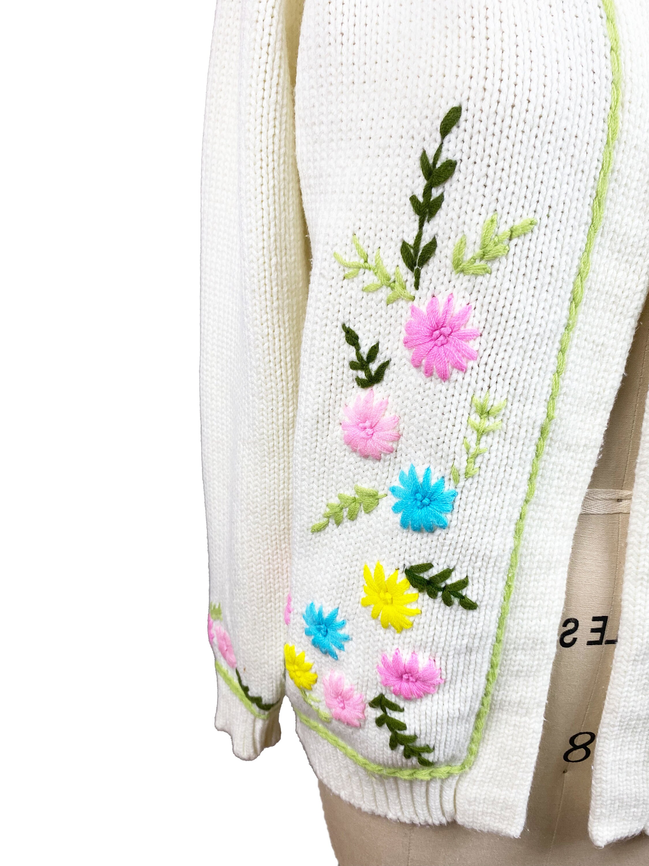 60s Floral Embroidered Cardigan, Vintage 1960s White Flower