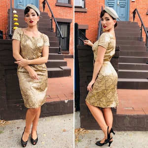Vintage 1960&#39;s Gold Lame Brocade Dress- Pencil Bow Detail Lurex Cocktail Party Du Barry Reg Waist-24&quot;