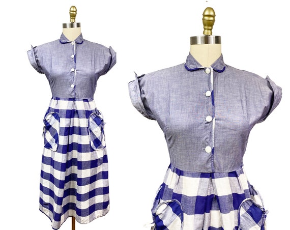 Vintage 1940s Navy Blue Window Pane Dress - Detai… - image 1