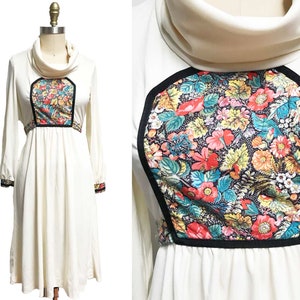 Vintage 1970s Renaissance White Floral Dress- Cowl Neck Long Sleeve Hippie Waist-26.5"