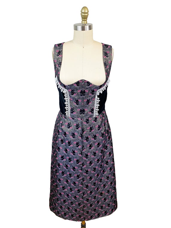 Vintage Dirndl Dress - Black Velvet Pink Brocade … - image 2