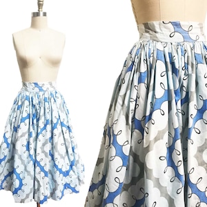 Vintage 1950s Skirt - Light Dark Blue Novelty Printed Swirl High Waist Full Waist-24&quot;