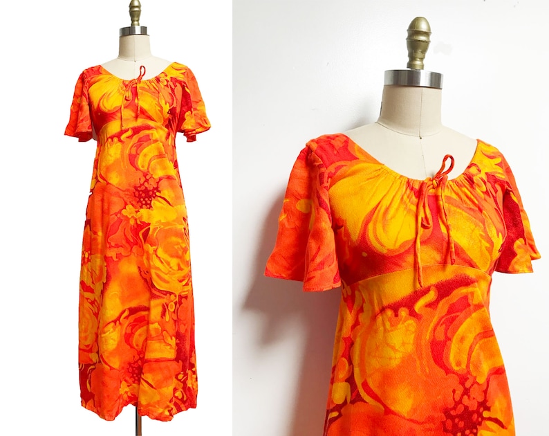 Neon Orange Floral Fire Tiki Beautiful Waist-30 Vintage 1960s Hawaiian Barkcloth Dress
