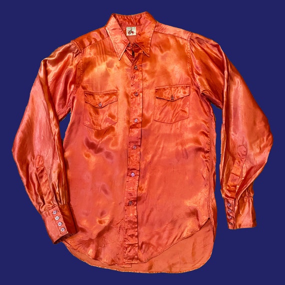 Vintage 1940s Red Mens Western Satin Button Up Sh… - image 7