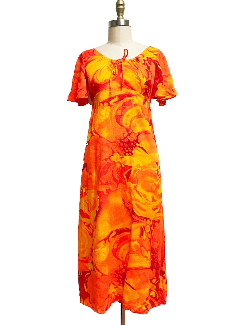 Neon Orange Floral Fire Tiki Beautiful Waist-30 Vintage 1960s Hawaiian Barkcloth Dress