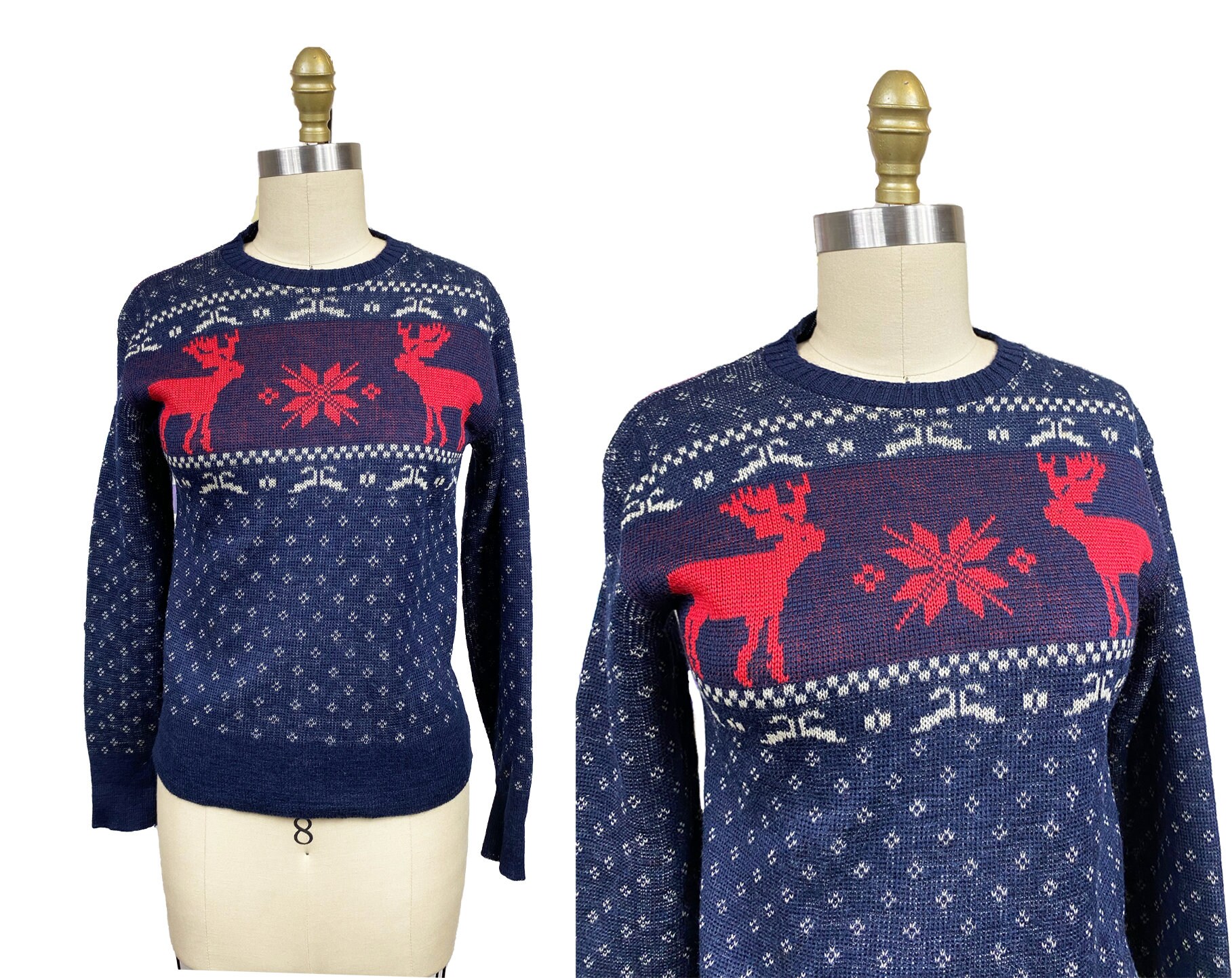 Vintage 1940s Christmas Pullover Sweater Wool Reindeer Snowflake Red Navy Blue Long Sleeve Size Medium