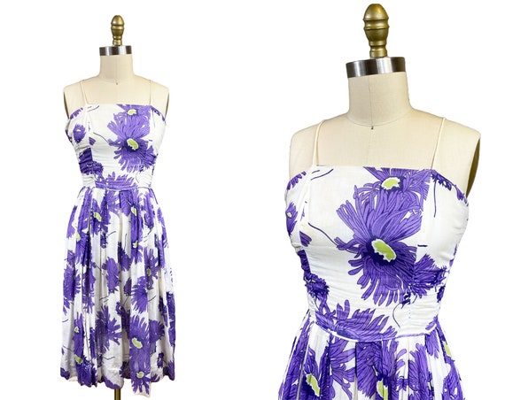 Vintage 1950s Cornflower Violet White Summer Dres… - image 1