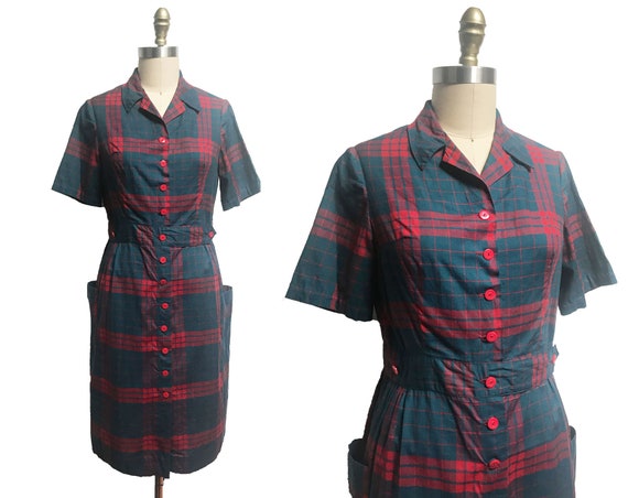 Vintage 1950s VOLUP Red Green Plaid Cotton Dress-… - image 1