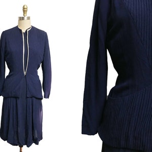 Vintage 1940s Dress Jacket Two Piece Set- Navy White Detail Pleating As Is Waist-26"