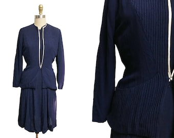 Vintage 1940s Dress Jacket Two Piece Set- Navy White Detail Pleating As Is Waist-26"