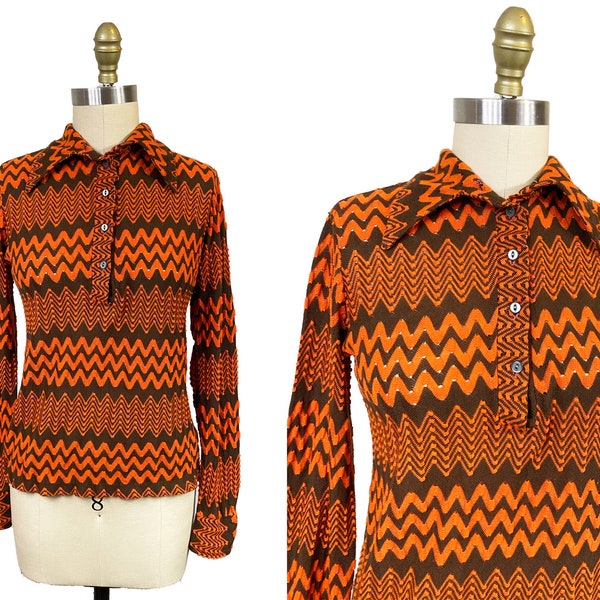 Vintage 1970s Brown Orange Zig Zag Knit Top - Long Sleeve Button Front Blouse Size: Small